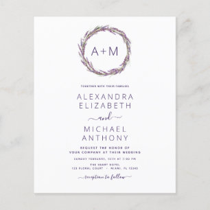 Flyer Boda morado con polvo de flores monograma presupue