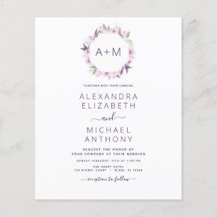 Flyer Boda morado con polvo de flores monograma presupue