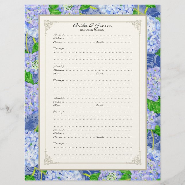 Flyer Boda Página Libro de Invitado Blue Hydrangea Lace  (Frente)