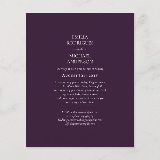 Flyer BODA PRESUPUESTARIO PLUM PURPLE Monocromo Simple (Frente)