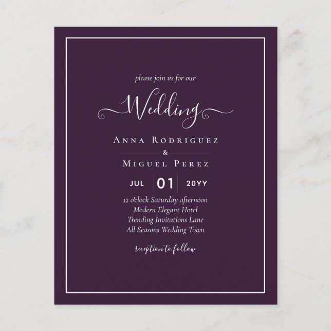 Flyer BODA PRESUPUESTARIO PLUM PURPLE Monocromo Simple (Frente)