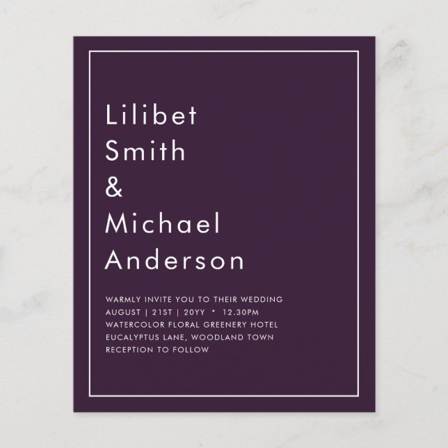 Flyer BODA PRESUPUESTARIO PLUM PURPLE Monocromo Simple (Frente)