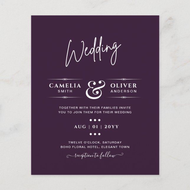Flyer BODA PRESUPUESTARIO PLUM PURPLE Monocromo Simple (Frente)