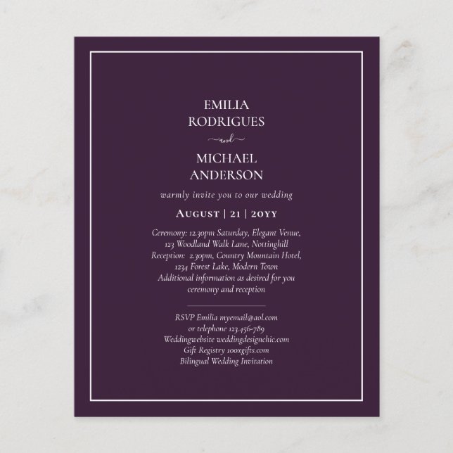 Flyer BODA PRESUPUESTARIO PLUM PURPLE Monocromo Simple (Frente)