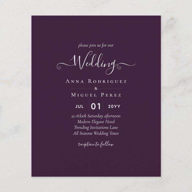 Flyer BODA PRESUPUESTARIO PLUM PURPLE Monocromo Simple (Frente)