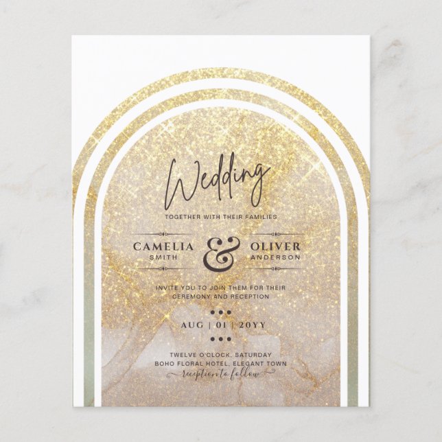 Flyer Boda Purpurina de Mármol de Oro con el presupuesto (Frente)