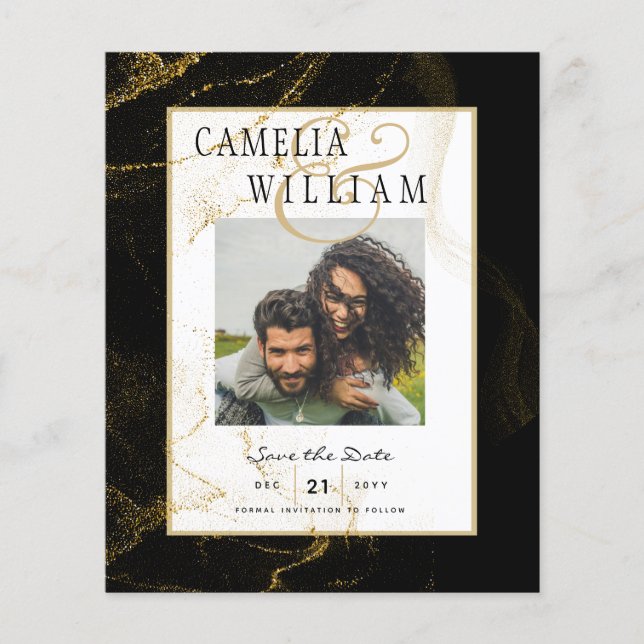 Flyer Boda Purpurina de oro negro moderno (Frente)