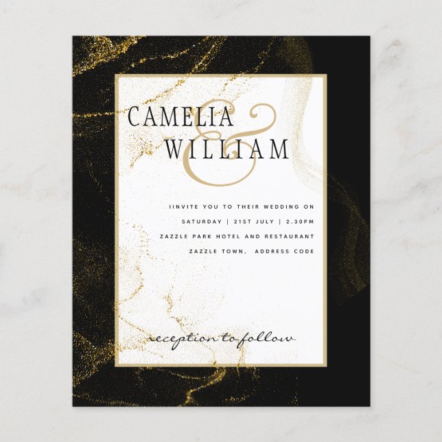 Flyer Boda Purpurina de oro negro moderno (Frente)