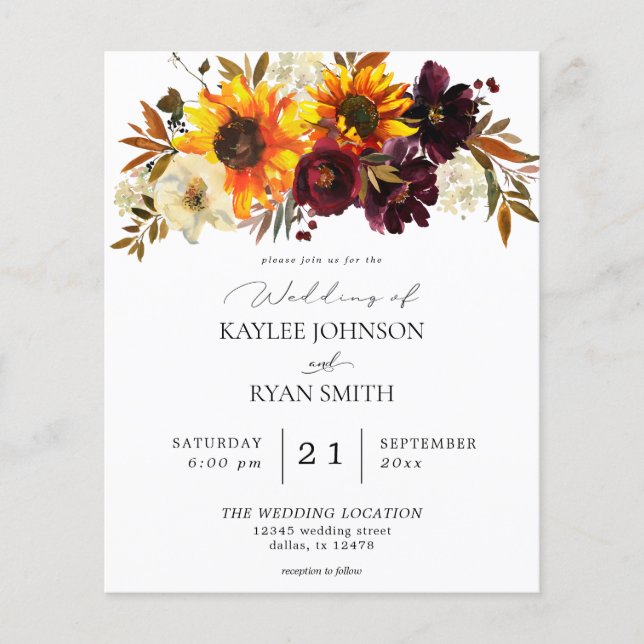Flyer Boda Rústica con Presupuesto Limitado con Girasole (Frente)