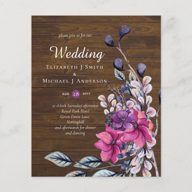 Flyer BODA Rústica Floral Fuchsia Bosque Encantado (Frente)