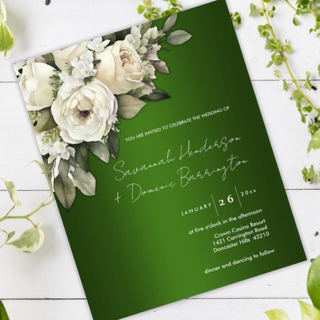 Flyer Boda verde esmeralda de rosa blanca presupuestado (Subido por el creador)