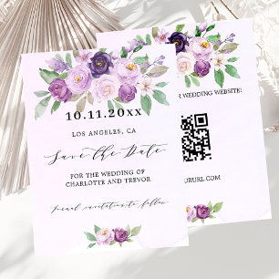 Flyer Boda violeta floral código QR presupuesto guardar 