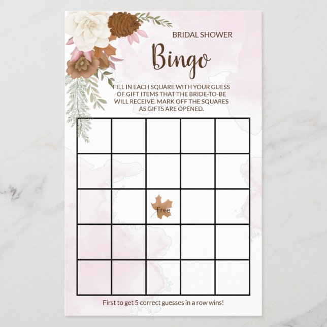 Flyer Boho Autumn Floral Bridal Shower Bingo Game Card (Frente)