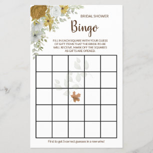 Flyer Boho Autumn Floral Bridal Shower Bingo Game Card F