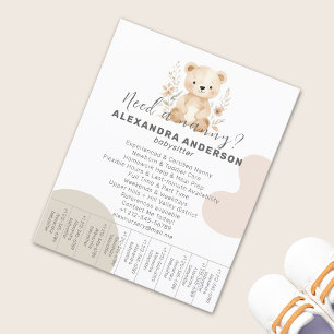 Flyer Boho Babysitter Bear Watercolor Service Tear-Off