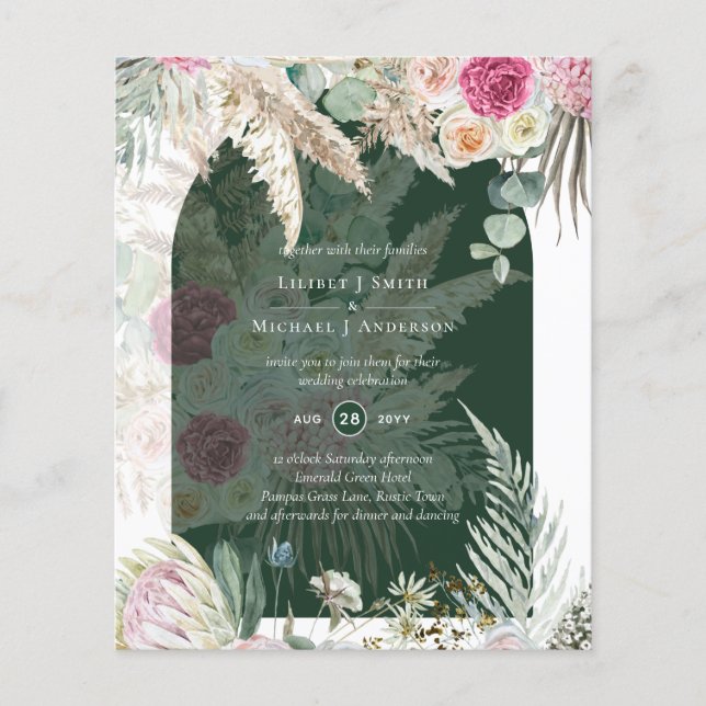 Flyer BOHO Boda de Grasa Floral Rosa Pampas (Frente)