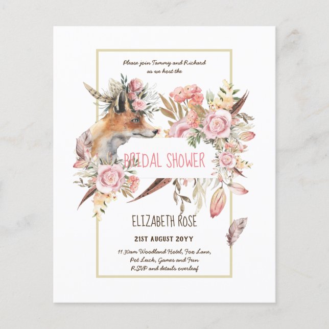 Flyer Boho FOX Bridal Shower Woodland Fethers Floral (Frente)