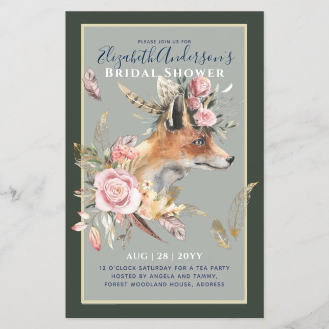 Flyer Boho FOX Bridal Shower Woodland Fethers Floral (Frente)