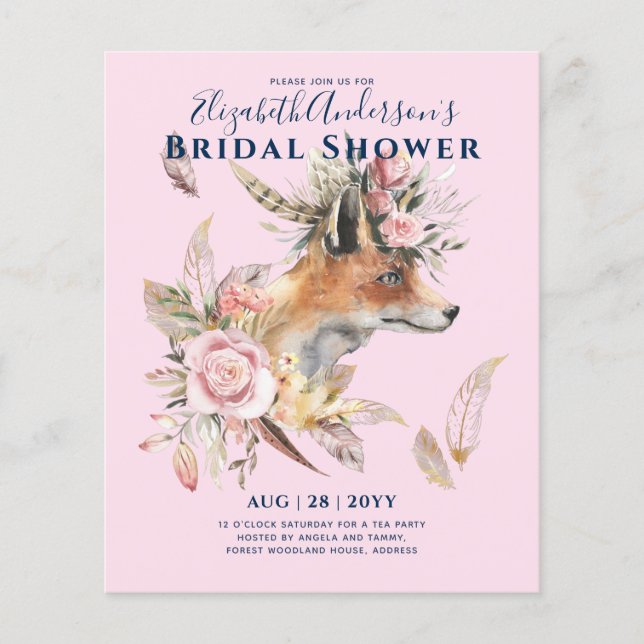 Flyer Boho FOX Bridal Shower Woodland Fethers Floral (Frente)