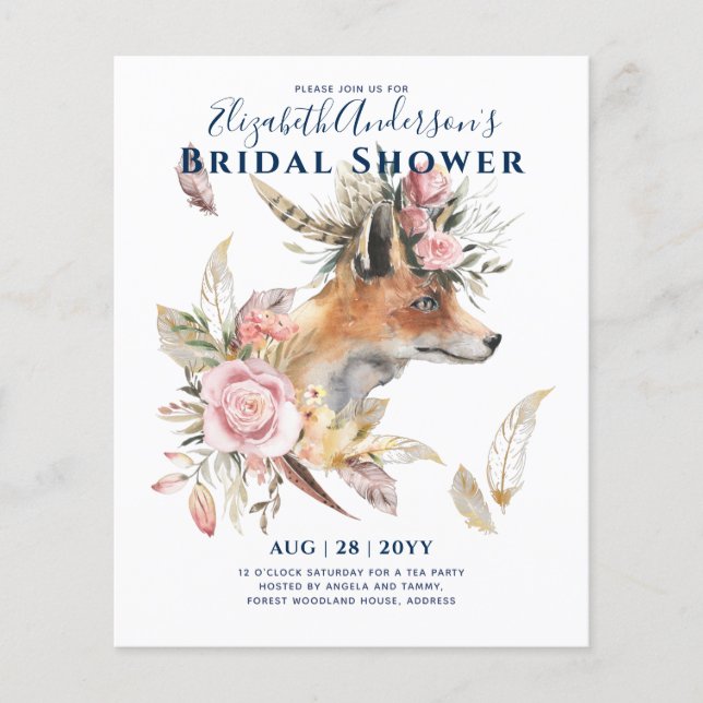 Flyer Boho FOX Bridal Shower Woodland Fethers Floral (Frente)