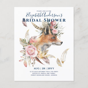 Flyer Boho FOX Bridal Shower Woodland Fethers Floral