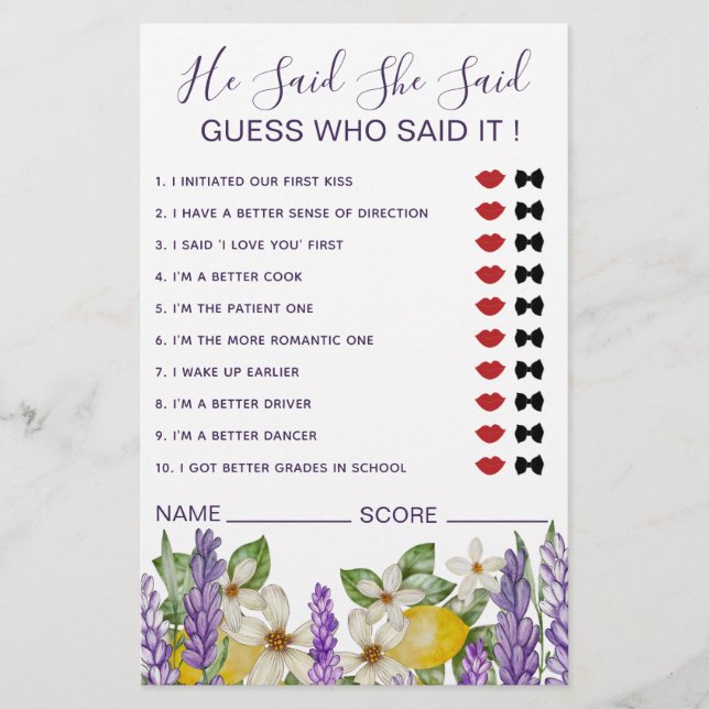 Flyer Boho Lemons y Lavender Dijo Que Dijo Juego (Frente)