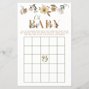 Flyer Boho Oh Baby Floral Juego de Bingo Baby Shower