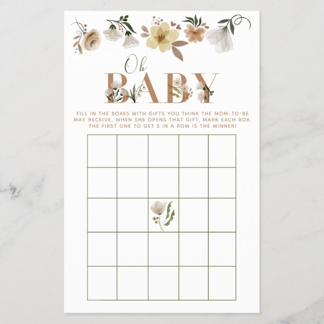 Flyer Boho Oh Baby Floral Juego de Bingo Baby Shower (Frente)