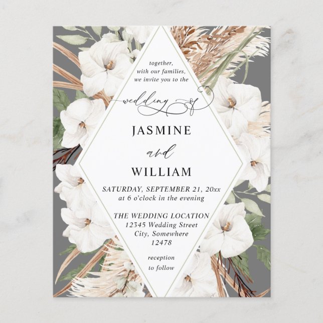 Flyer Boho presupuesto Boho White Floral Summer Fall Wed (Frente)
