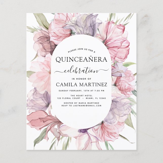 Flyer Boho Purple Quinceañera Dusty Floral Rosa (Frente)