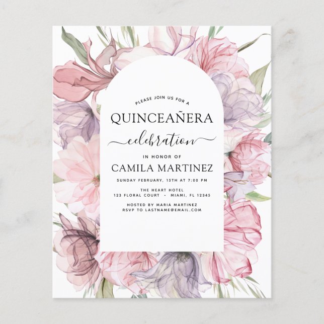 Flyer Boho Purple Quinceañera Dusty Floral Rosa (Frente)