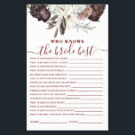 Flyer Boho Rosas de Borgoña caen juego de ducha de novia<br><div class="desc">Quién conoce el mejor juego de la novia en la ducha. Diseño de los rosas burdeos de otoño.</div>