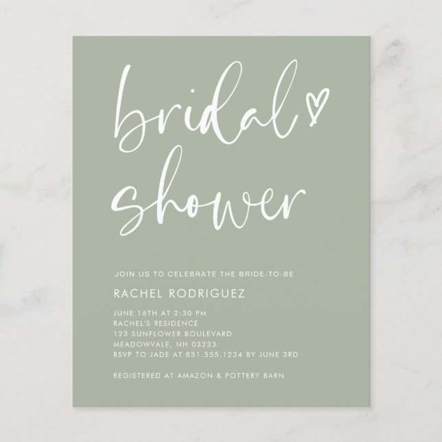 Flyer Boho Script Heart Sage Green Bridal Shower Invita  (Frente)