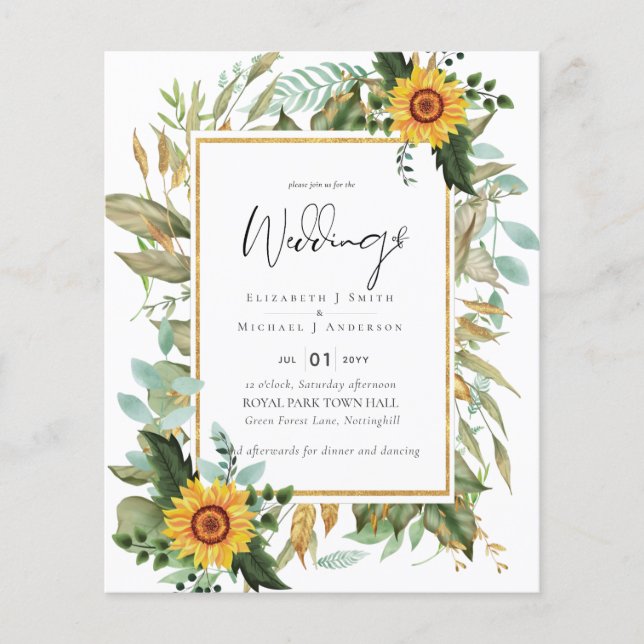 Flyer Boho Sunflowers Greenery Watercolor Boda PRESUPUES (Frente)