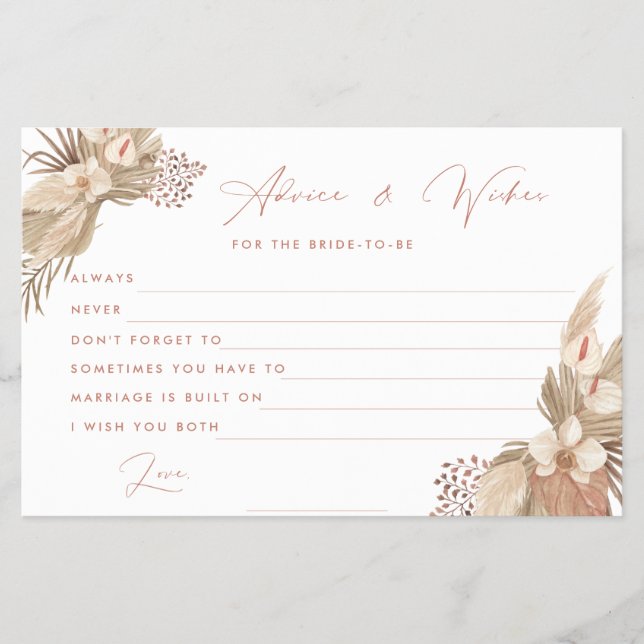 Flyer Boho Terracotta Pampas Grass bride advice card (Frente)
