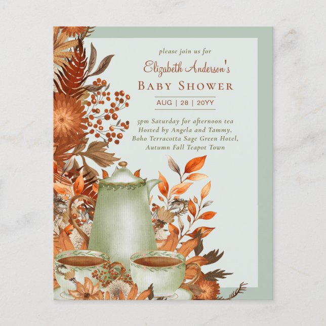 Flyer Boho Terracotta Sage Tea Fiesta Baby Bridal Shower (Frente)