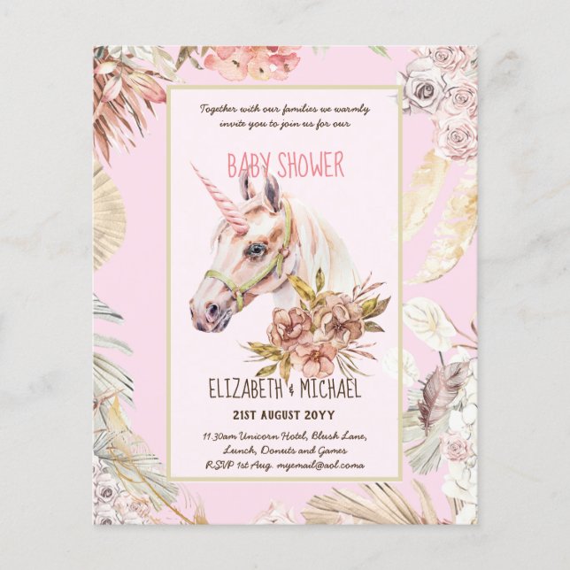 Flyer BOHO UNICORN Baby Shower Invitaciones acuarela (Frente)