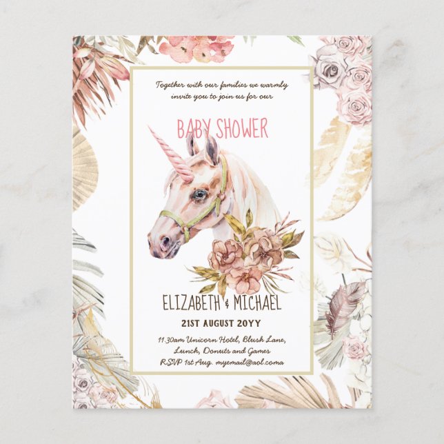 Flyer BOHO UNICORN Baby Shower Invitaciones acuarela (Frente)