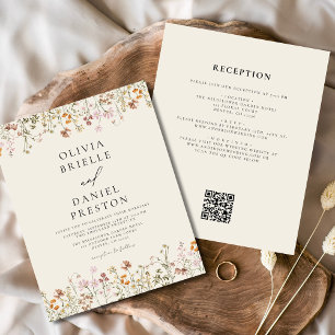 Flyer Boho Wildflower Beige todo en un Boda de código QR