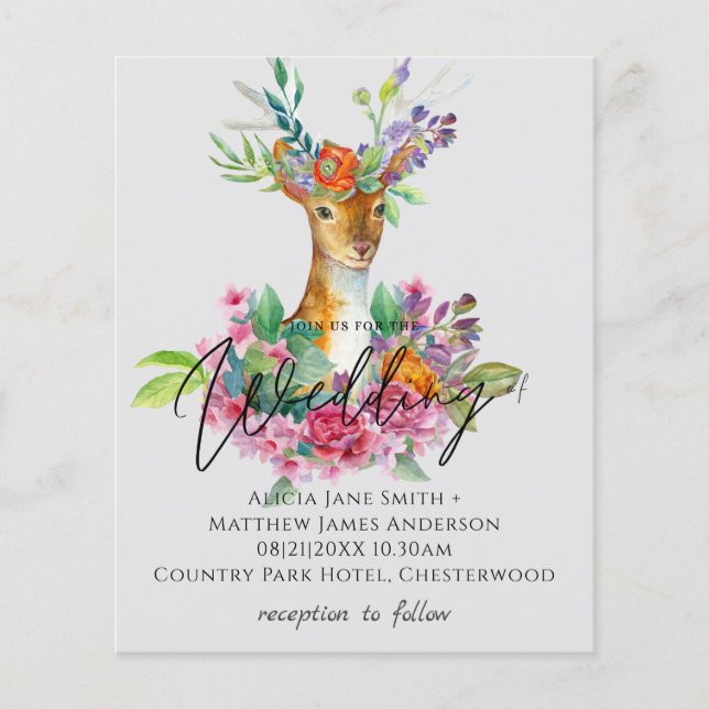 Flyer Boho Woodland Deer Floral Budget Wedding (Frente)