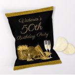 Flyer Bolsa de Chip del partido de cumpleaños Black Gold<br><div class="desc">Las mujeres de color negro y oro de la fiesta de cumpleaños bolsos de chip con zapatos de tacón altos de oro, regalo, perfume y copas de champán en un purpurina de oro eligen tu propio color de fondo. Este bolso de chip de la fiesta de cumpleaños de la mujer...</div>