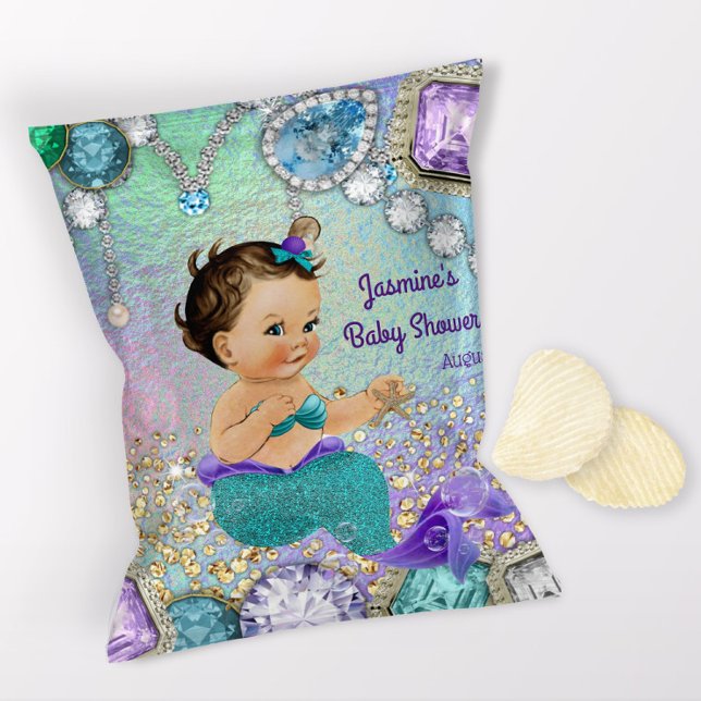 Flyer Bolsas de Chips para Baby Shower de Sirena de Joya (1 ounce snack bag wrapper flyer. )