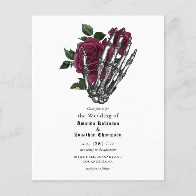 Flyer Borgoña Floral Skeleton Invitación a la boda gótic (Frente)