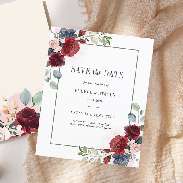 Flyer Borgoña floral Verde Ahorra la Fecha (Floral Burgundy Watercolor Wedding Save the Date)