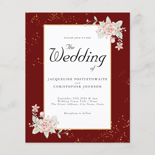 Flyer Borgoña Invitación a la boda presupuestal Peonía R (Frente)