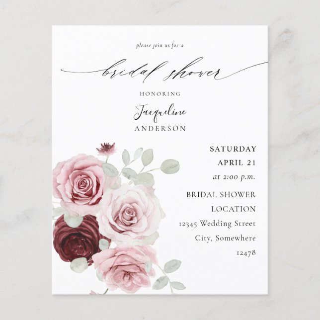 Flyer Borgoña y ducha de novia floral rosa (Frente)