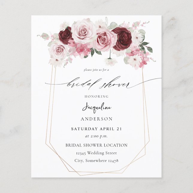 Flyer Borgoña y ducha de novia floral rosa 2 (Frente)