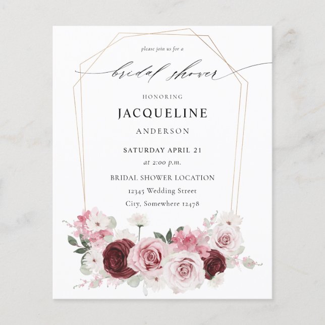 Flyer Borgoña y ducha de novia floral rosa 2 (Frente)