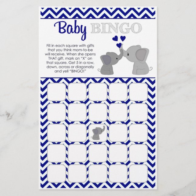 Flyer Boy Navy Elephant Baby Shower BINGO Game Chev 366 (Frente)