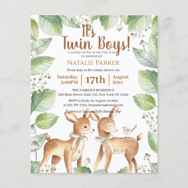 Flyer Boys gemelos Woodland Sage Floral Baby Shower (Frente)